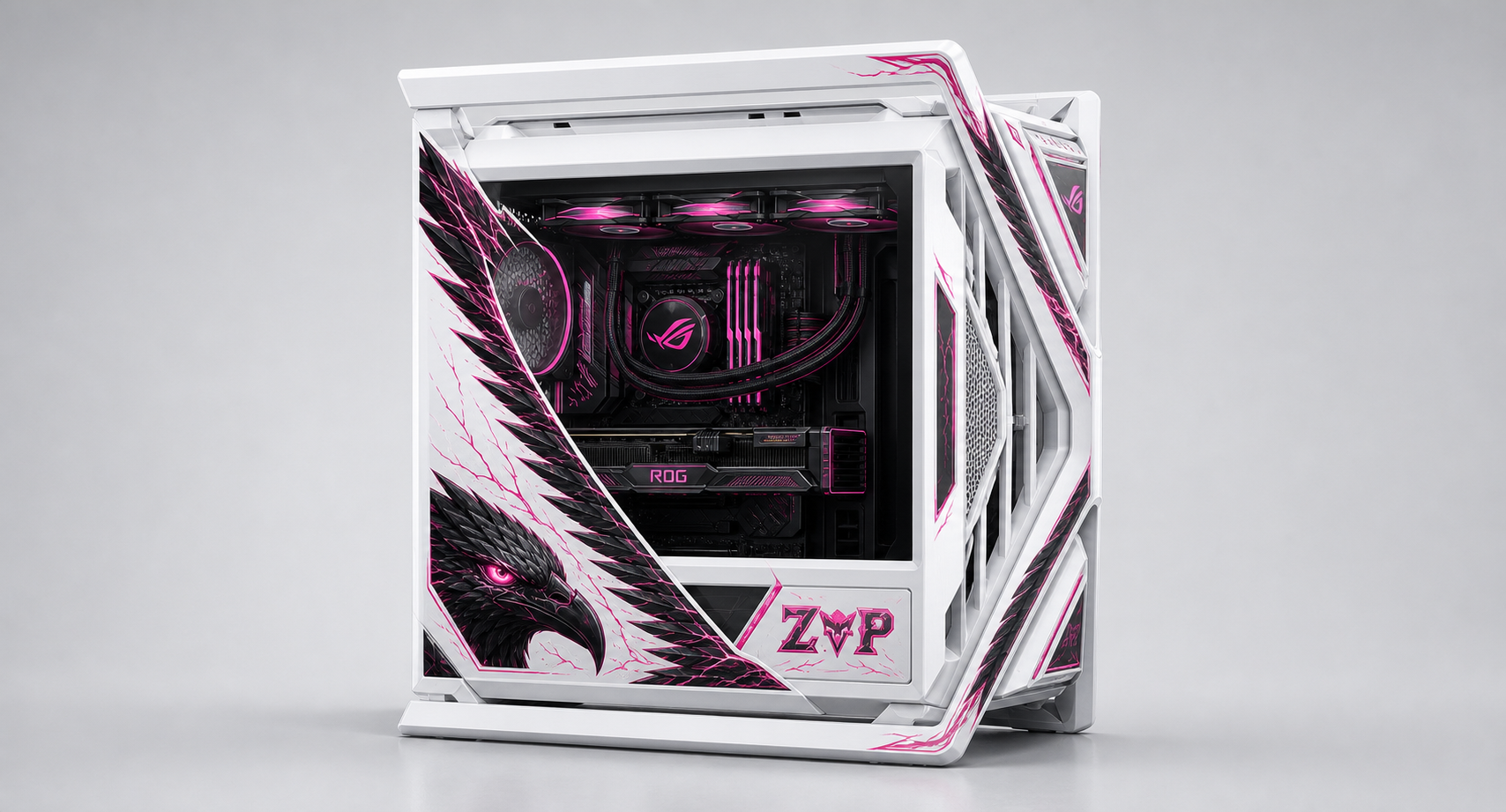 Z.A.P × 华硕太阳神定制机箱 · 左侧 3/4 视角，可见玻璃侧板与内部结构